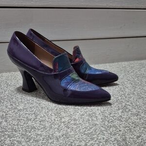 John Fluevog Patent Purple Heels with Multicolor Floral Inset